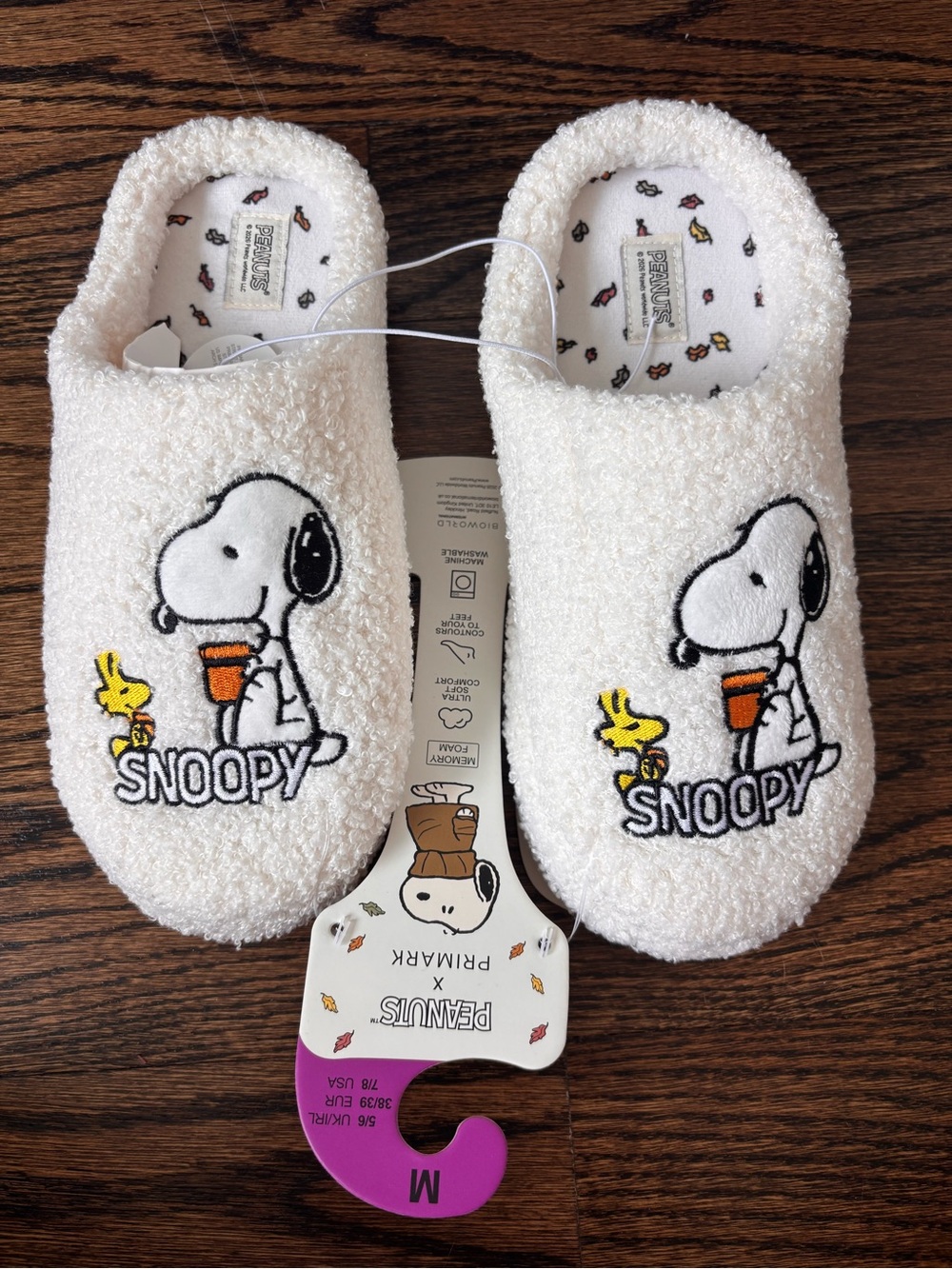 Snoopy Cream White Plush Slippers Cozy Slip-On Primark x Peanuts Size 7/8 NEW